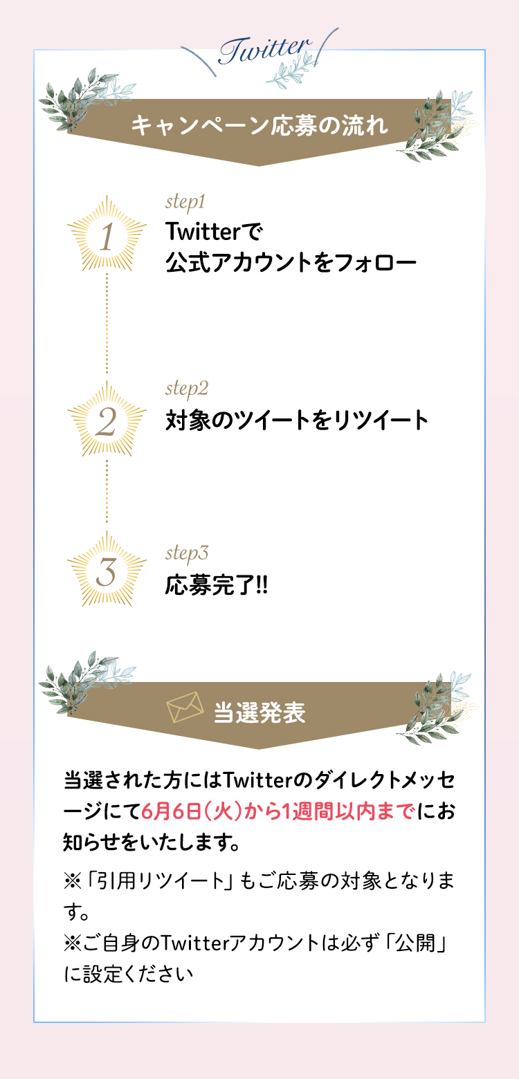 キャンペーン応募の流れ。1.Twitterで公式アカウントをフォロー 2.対象のツイートをリツイート 3.応募完了!!当選された方にはTwitterのダイレクトメッセージにて5月26日(金)から1週間以内にお知らせをいたします。